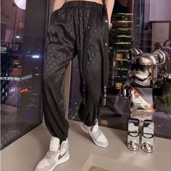 Satin Harem Trouser Running Pants, Black Jogger Track Pants, Size Large - Picture 1 of 16